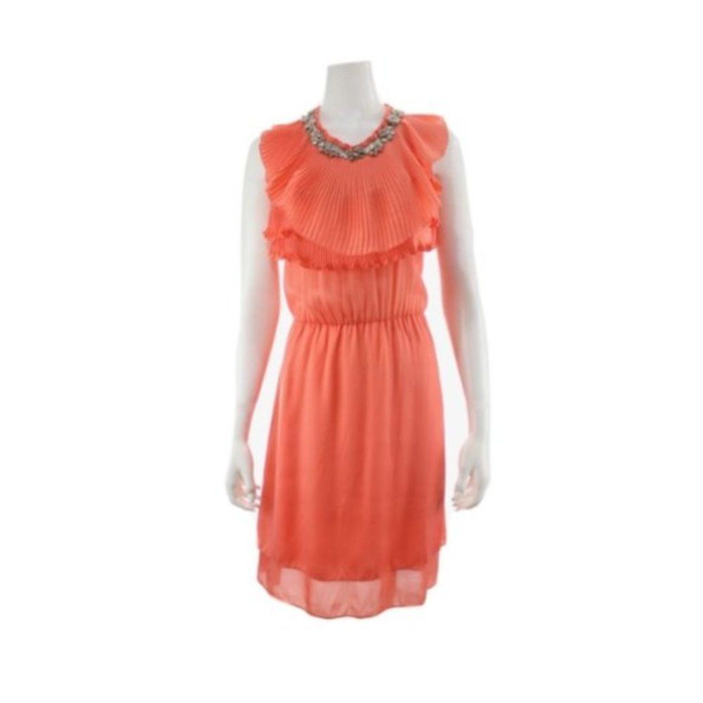ROBBI & NIKKI Coral Beaded Pleat Ruffle Dress
